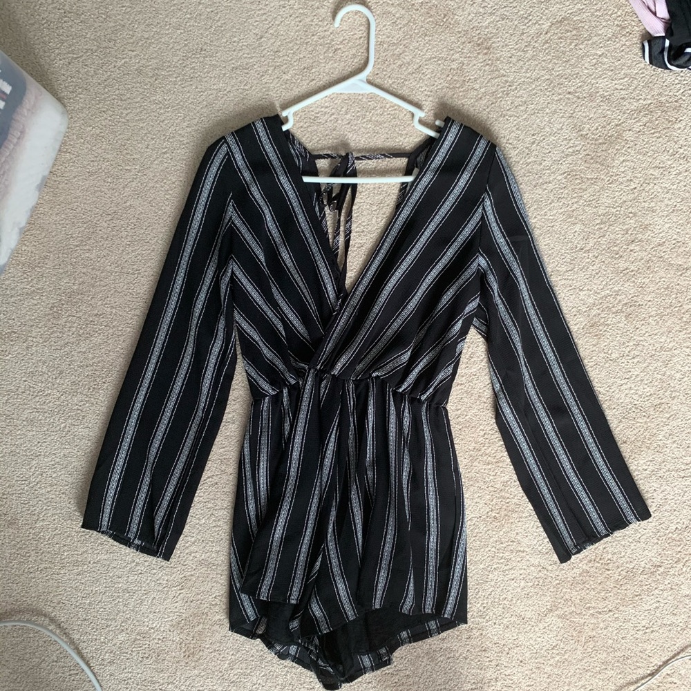 Black and white striped long sleeve romper